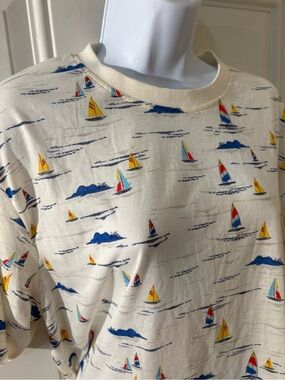 Vintage GOOD VIBES T-Shirt!Nautical Sailboat Print Tee XL.Festive Seaside Feel!